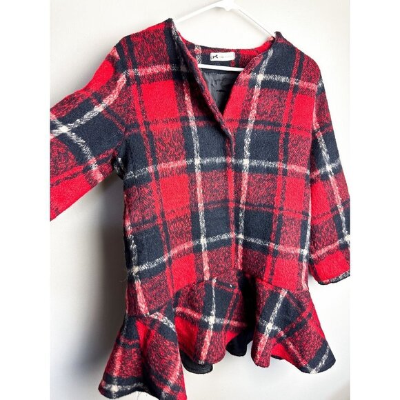 Muice Fashion Plaid Ruffle Snap Button Long Coat Red Black Small - Picture 3 of 7